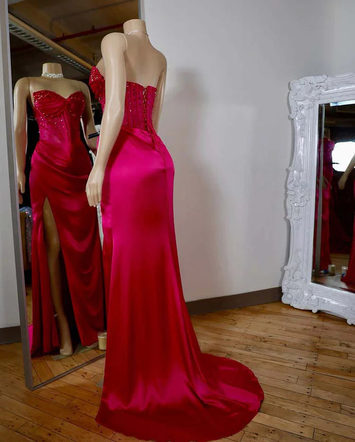 Weitese Dress Spaghetti Straps Sweetheart Seeleveless Sheath High Split Pleated Satin Party Dress With Beads Evening Dress Prom Dress